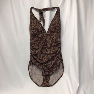 Coral Bay halter neck rouched one piece swimsuit brown and beige size 10